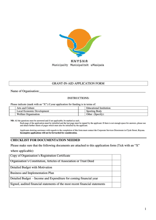 Grant-In-Aid Application Form - Knysna Printable pdf