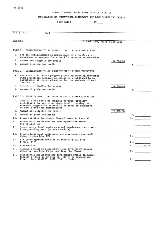 Form Ri 5009 - Computation Of Educational Assistance And Development Tax Credit Printable pdf