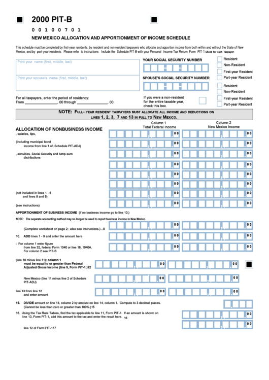 Form Pit-B - New Mexico Allocation And Apportionment Of Income Schedule - 2000 Printable pdf