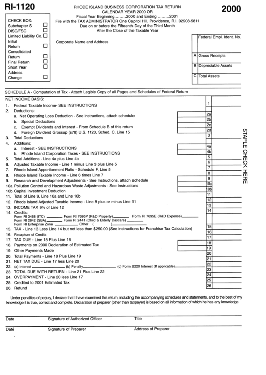 Form Ri-1120 - Rhode Island Business Corporation Tax Return - 2000 Printable pdf