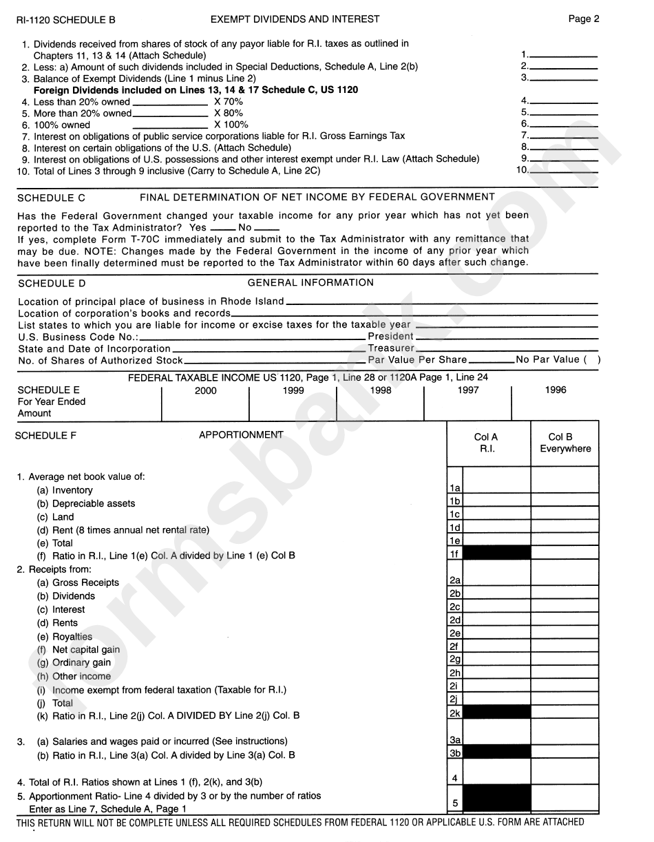 Form Ri-1120 - Rhode Island Business Corporation Tax Return - 2000