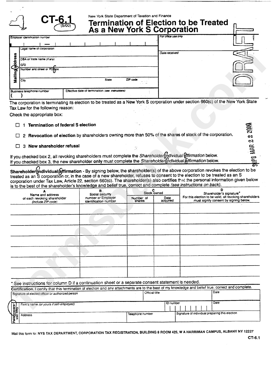 Form Ct-6.1 Draft - Termination Of Election To Be Treated As A New York S Corporation