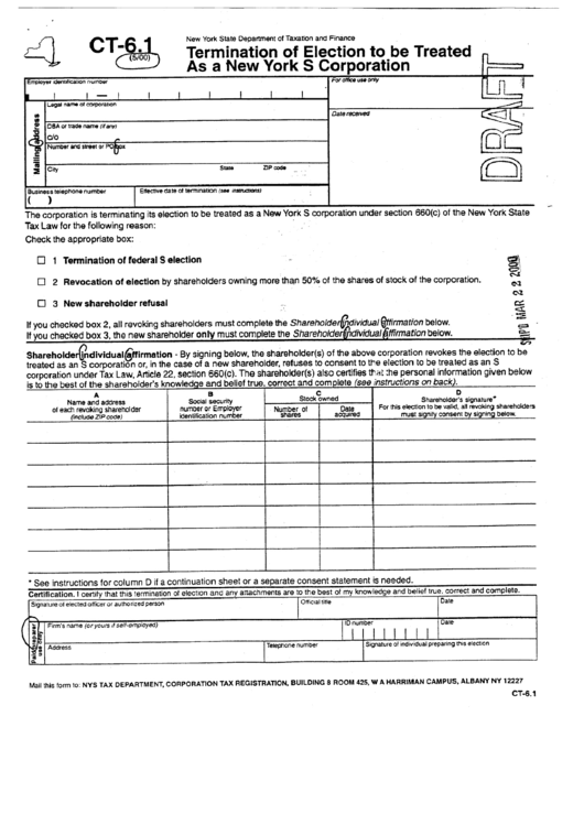 Form Ct-6.1 Draft - Termination Of Election To Be Treated As A New York S Corporation Printable pdf