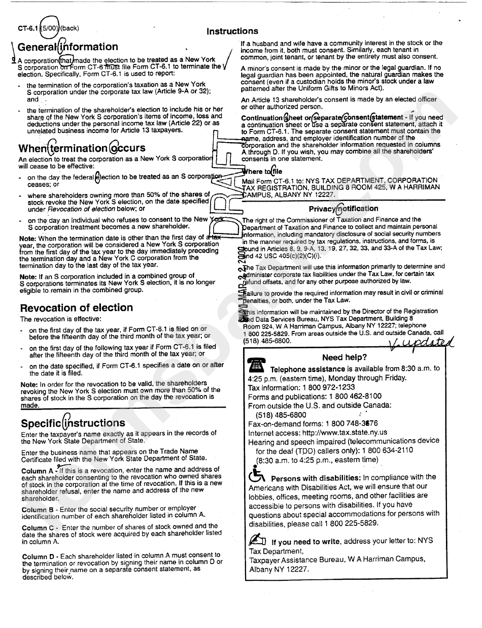 Form Ct-6.1 Draft - Termination Of Election To Be Treated As A New York S Corporation