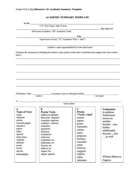 Academic Summary Template Printable pdf
