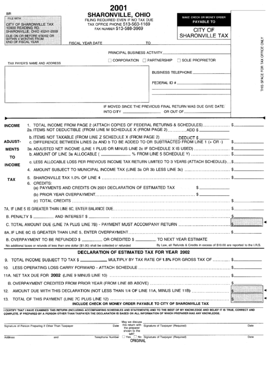 Form Br - City Of Sharonville Tax - 2001 Printable pdf