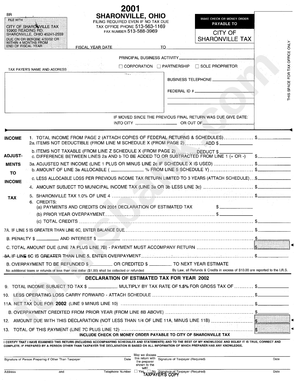 Form Br - City Of Sharonville Tax - 2001