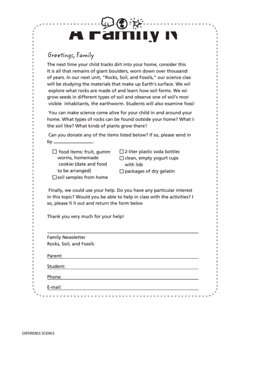 Rocks, Soil, And Fossils Family Newsletter Template Printable pdf
