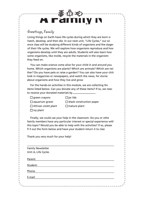 Life Cycles Family Newsletter Template Printable pdf
