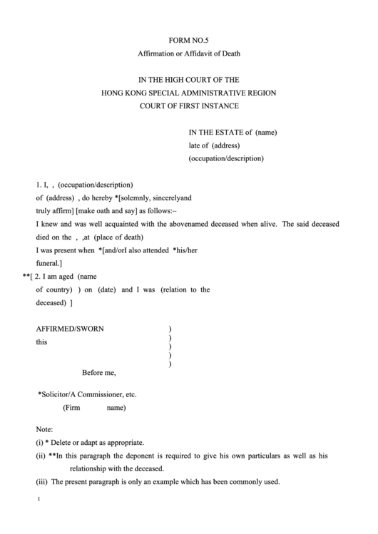 Form No.5 - Affirmation Or Affidavit Of Death - Hong Kong Special Administrative Region Court Of First Instance Printable pdf
