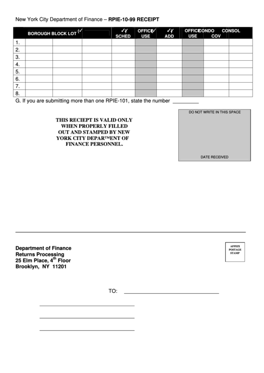 Form Rpie-10-99 Receipt - New York City Department Of Finance Printable pdf