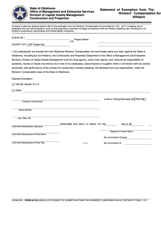 Fillable Form A312d - Statement Of Exemption From The Workers