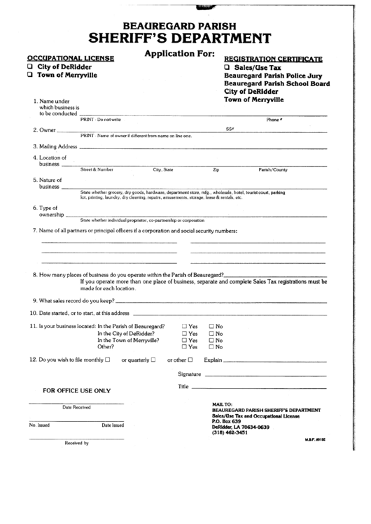 Fillable Application For Occupational License Or Registration Certificate - Sheriffs Department Printable pdf