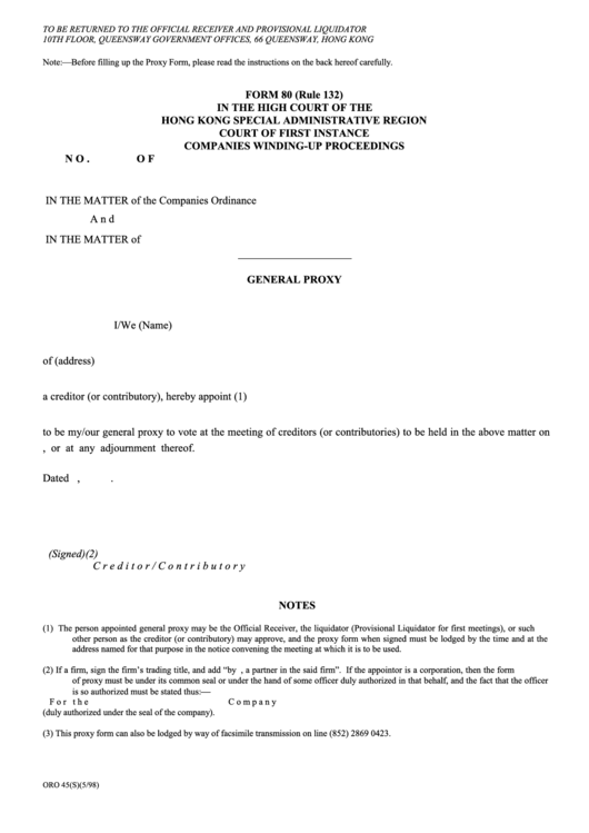 Fillable Form 80 - Companies Winding-Up Proceedings - Hong Kong Special Administrative Region Court Of First Instance Printable pdf