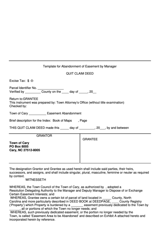Template For Abandonment Of Easement By Manager - Quit Claim Deed - Town Of Cary Printable pdf