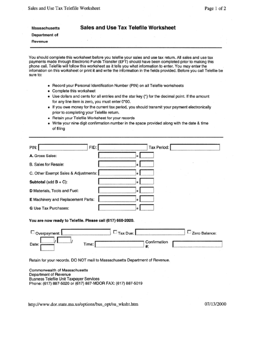 Sales And Use Tax Telefile Worksheet - Massachusetts Department Of Revenue Printable pdf