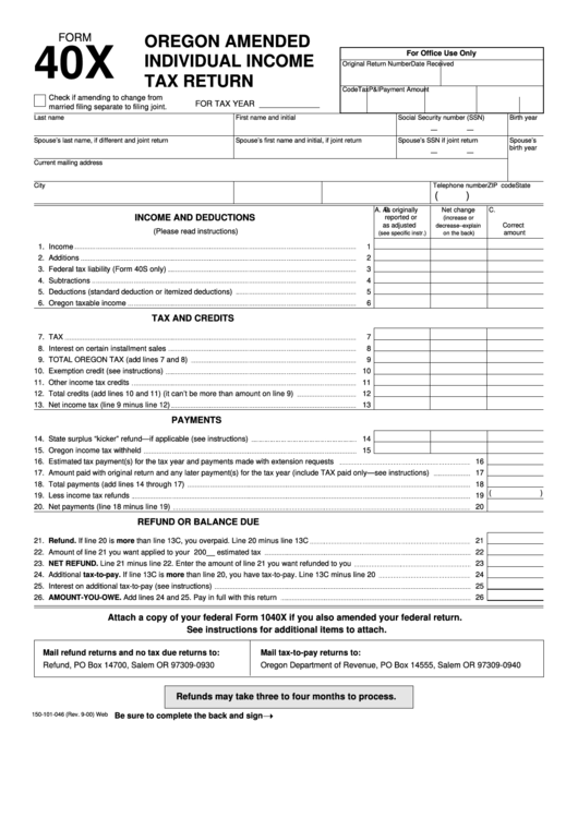 Form 40x - Oregon Amended Individual Income Tax Return Printable pdf