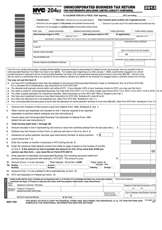 Forn Nyc-204ez - Unincorporated Business Tax Return For Partnerships - 2013 Printable pdf