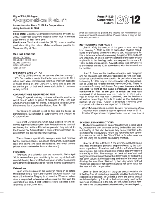 Form F1120 Instructions - Corporation Return - 2012 Printable pdf