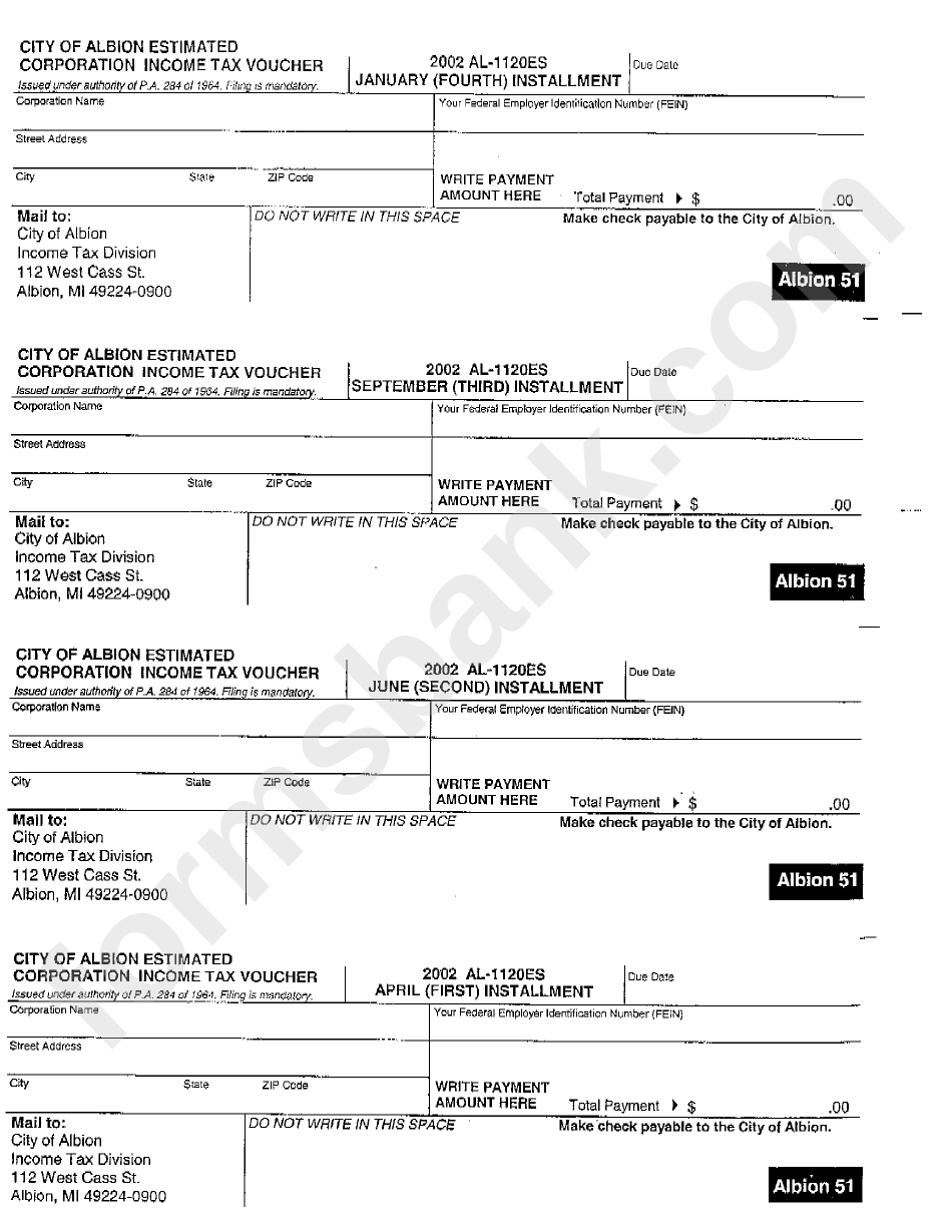 Form Al-1120es - Estimated Corporation Income Tax Voucher - City Of Albion - 2002