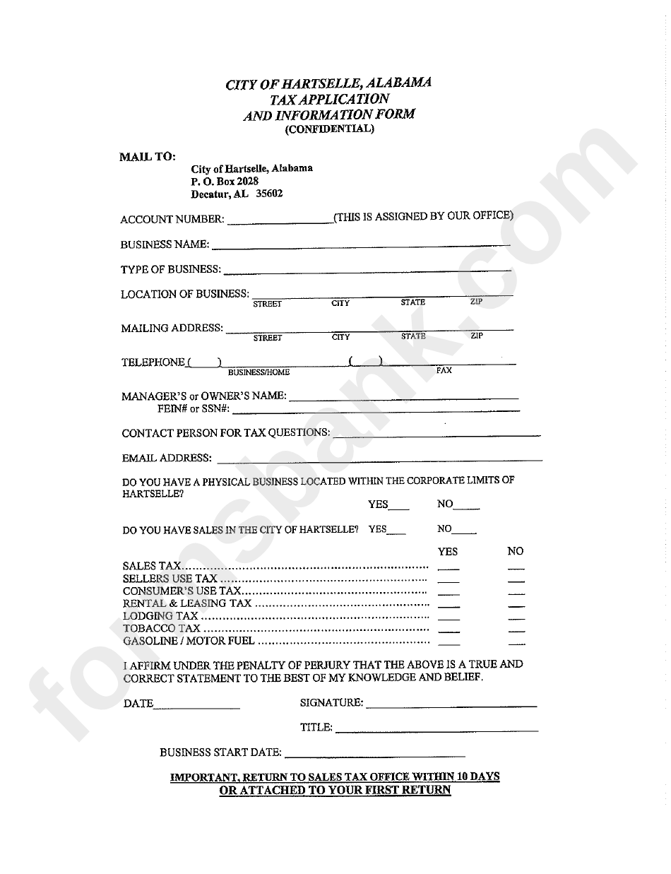 Tax Application And Information Form - City Of Hartselle