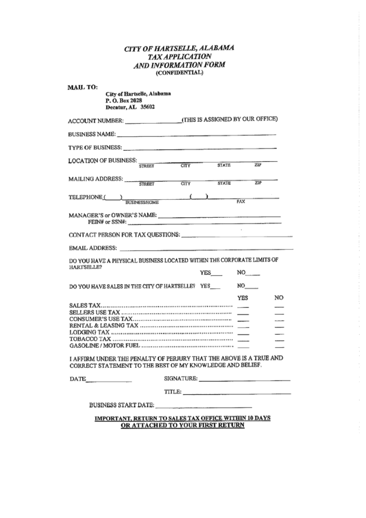 Tax Application And Information Form - City Of Hartselle Printable pdf