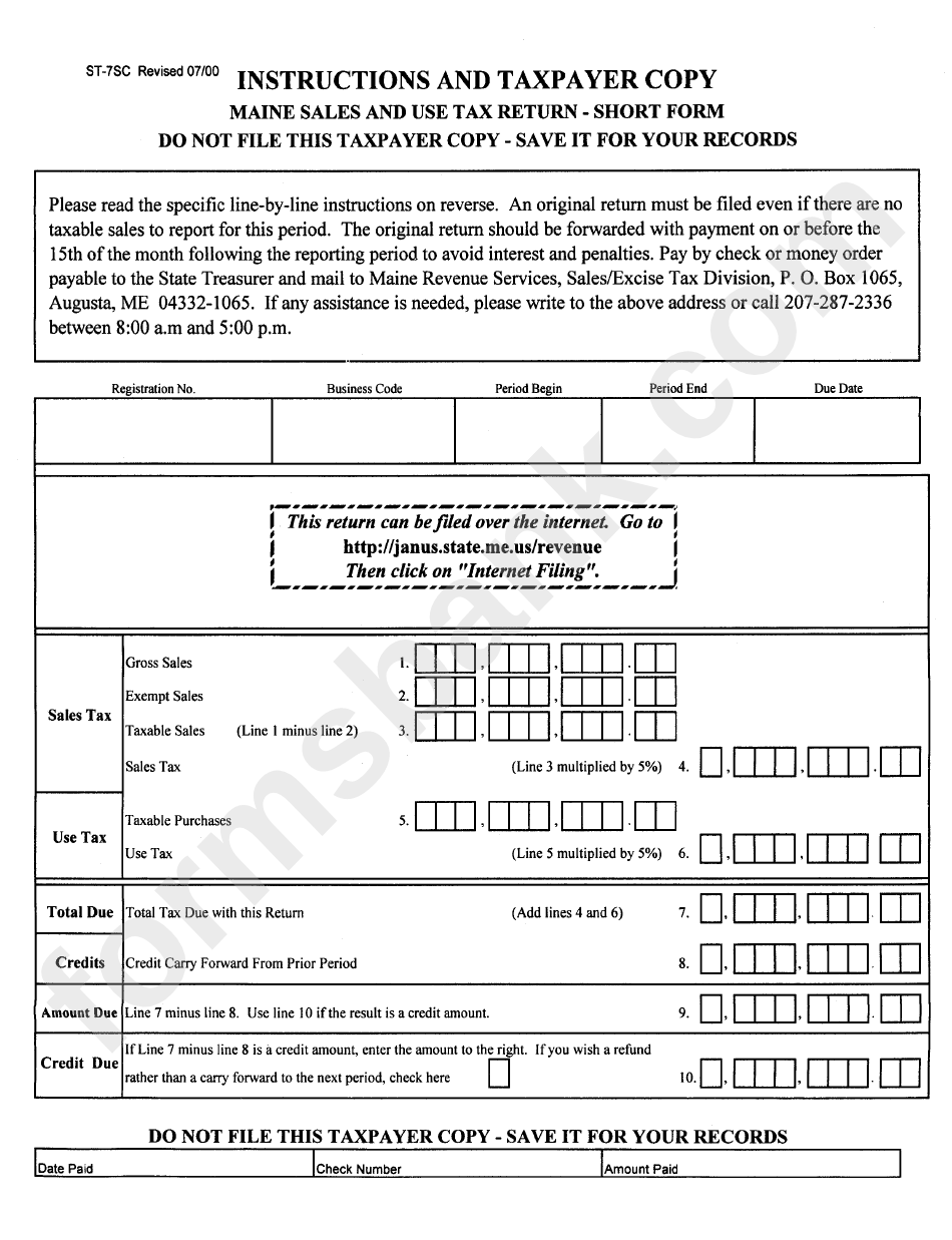 Form St-7sc - Maine Sales And Use Tax Return (Short Form)
