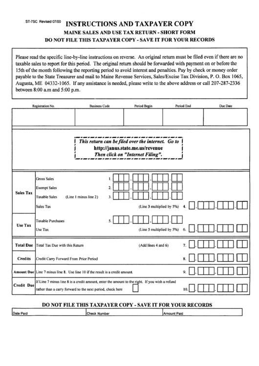 Form St-7sc - Maine Sales And Use Tax Return (Short Form) Printable pdf