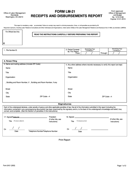 Fillable Form Lm-21 - Receipts And Disbursements Report Printable pdf