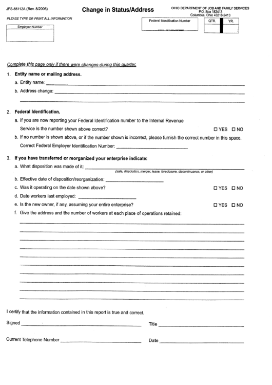 Form Jfs-66112a - Change In Status/address Printable pdf