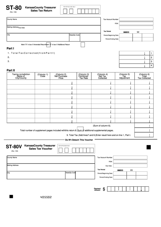 Form St-80 - Kansas County Treasurer Sales Tax Return Printable pdf