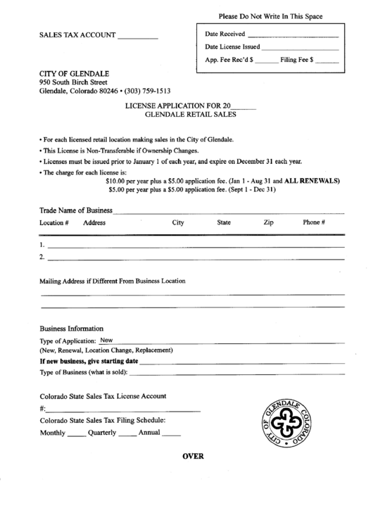 License Application For Retail Sales - City Of Glendale Printable pdf