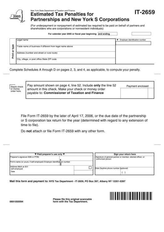 Form It-2659 - Estimated Tax Penalties For Partnerships And New York S Corporations - 2005 Printable pdf