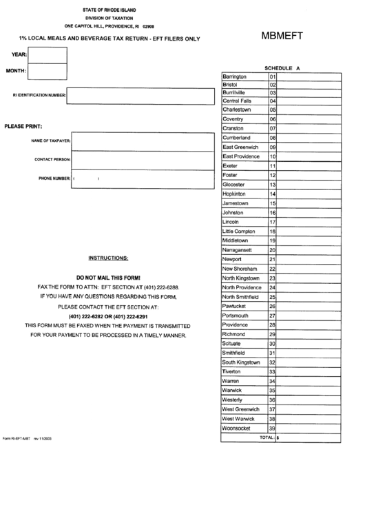 Fillable Form Ri-Eft-Mbt - 1% Local Meals And Beverage Tax Return (Eft Filers Only) Printable pdf