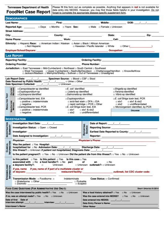 Foodnet Case Report - Tennessee Department Of Health Printable pdf