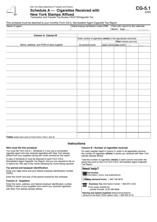 Form Cg-5.1 Schedule A - Cigarettes Received With New York Stamps Affixed Printable pdf