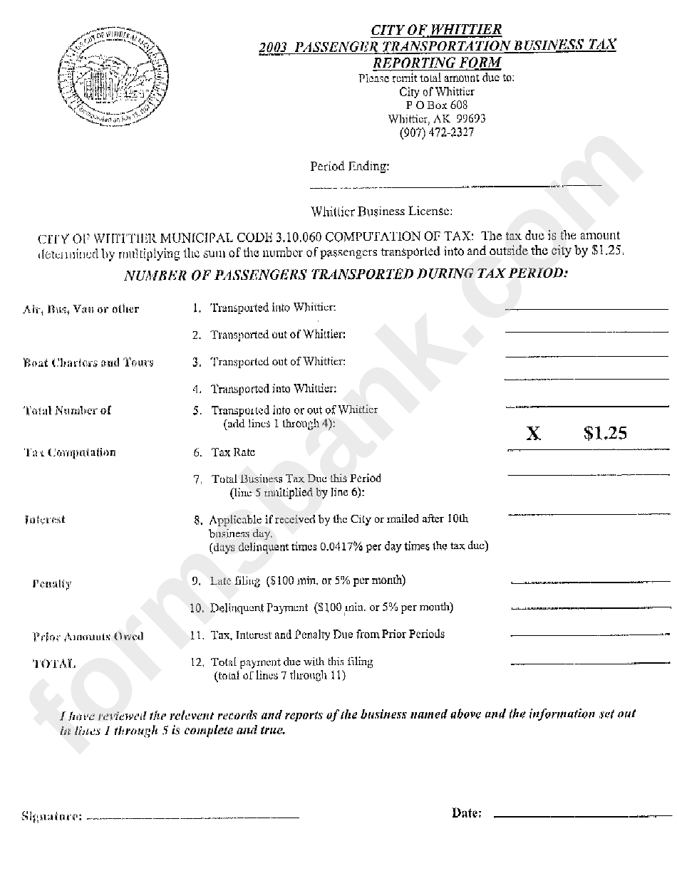 Passenger Transportation Business Tax Reporting Form - City Of Whittier - 2003