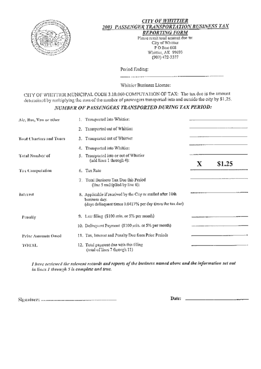 Passenger Transportation Business Tax Reporting Form - City Of Whittier - 2003 Printable pdf