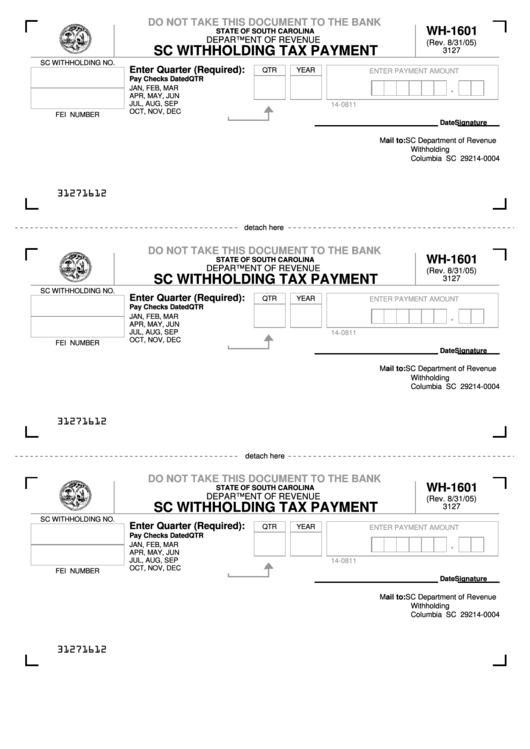 Form Wh-1601 - Sc Withholding Tax Payment Printable pdf