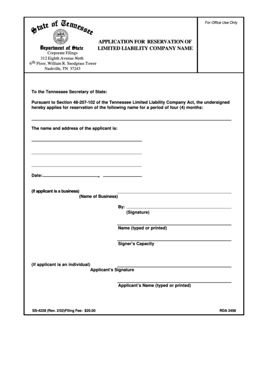 Form Ss-4228 - Application For Reservation Of Limited Liability Company Name - Tennessee Secretary Of State Printable pdf