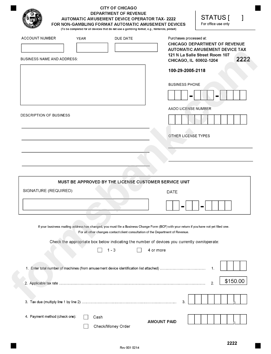 Form 2222 - Automatic Amusement Device Operator Tax For Non-Gambling Format Automatic Amusement Devices - City Of Chicago