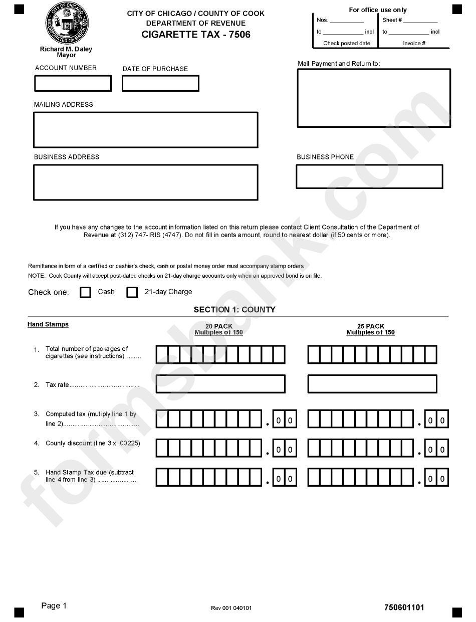 Form 7506 - Cigarette Tax - Chicago Department Of Revenue