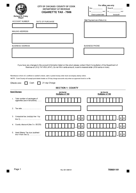 Form 7506 - Cigarette Tax - Chicago Department Of Revenue Printable pdf