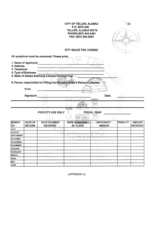 City Sales Tax License - City Of Teller Printable pdf