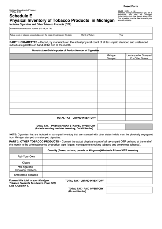 Form 47 Schedule E - Physical Inventory Of Tobacco Products In Michigan Printable pdf