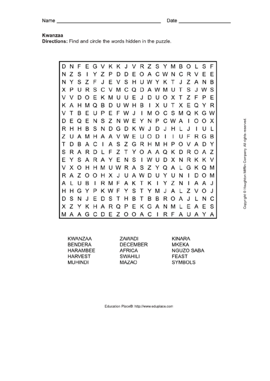 Kwanzaa Word Search Puzzle printable pdf download