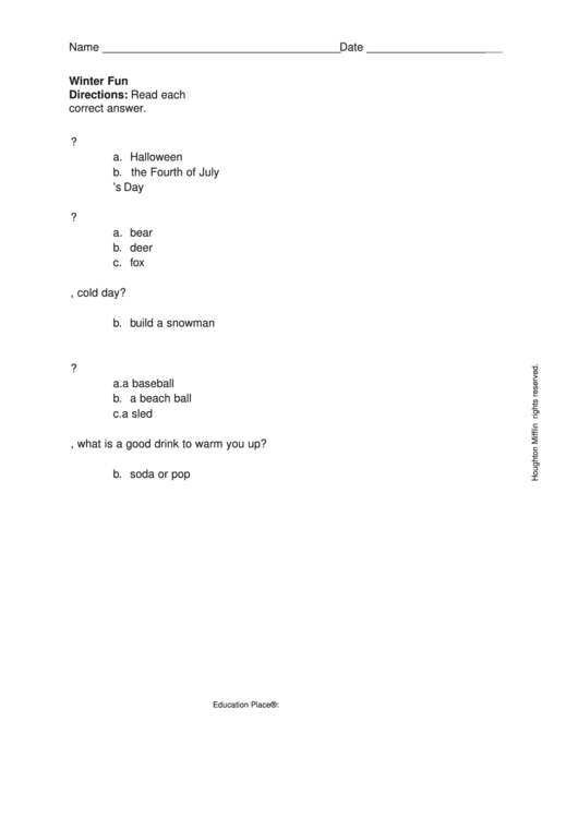 Winter Fun Multiple Choice Quiz Template Printable pdf