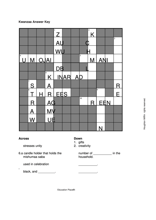 Kwanzaa Crossword Puzzle With Answers Printable pdf