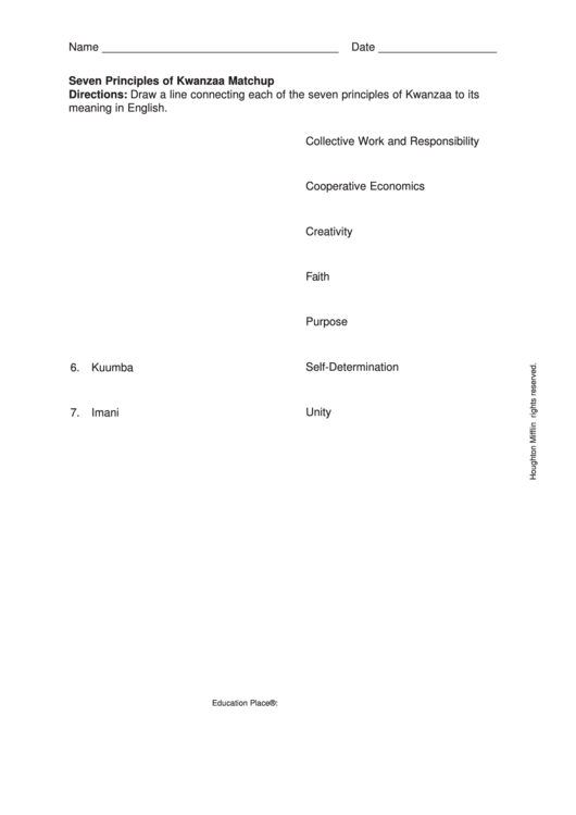 Seven Principles Of Kwanzaa Matchup Worksheet Printable pdf