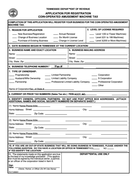 Form Rv-F1306201 - Application For Registration For Coin-Operated Amusement Machine Tax Printable pdf